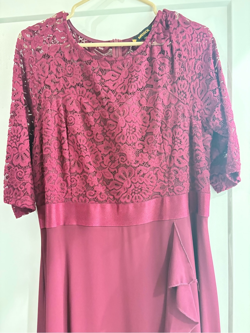Miusol Burgundy Lace High-Low Ruffle long Dress